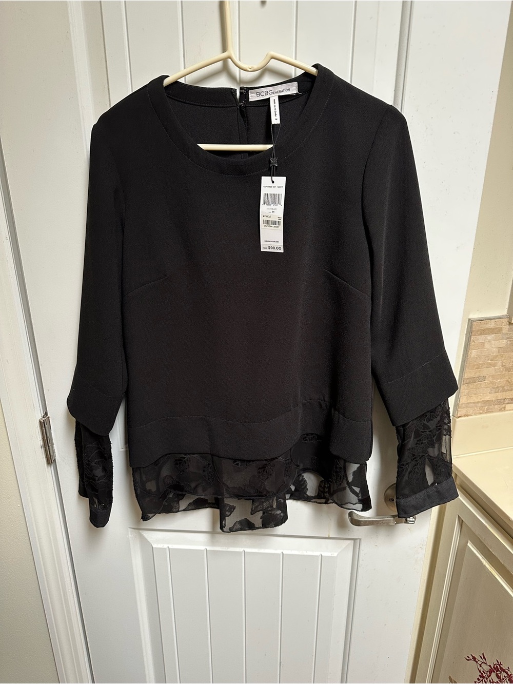 BCBGeneration Black Long-Sleeve Top with Floral Lace Hem